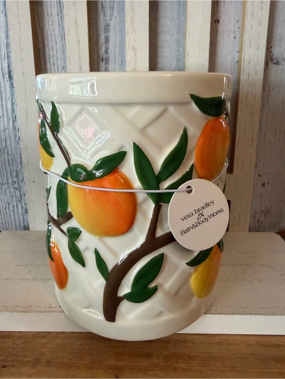 Bath & Body Works X Vera Bradley PEACH Tree Pedestal 3-Wick Candle Holder NWT